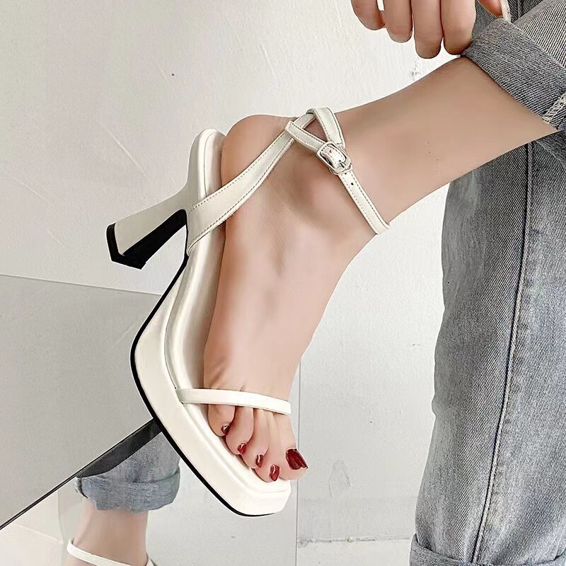 2024 Spring and Summer Thick-Heeled One-Strap High-Heeled Shoes Pink Sexy Waterproof Platform Square-Toe Sandals for Women Summer High-End Style