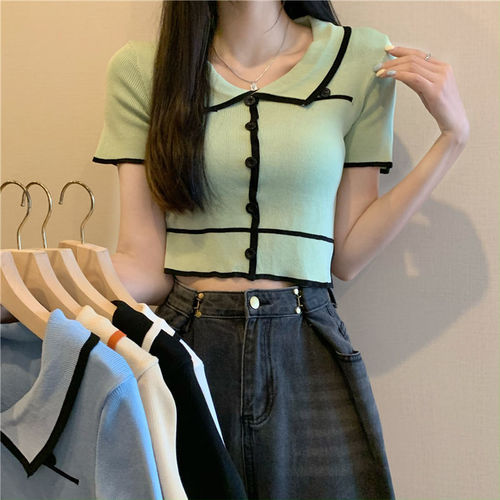 Design niche polo collar contrasting ice silk knitted cardigan for women  summer new thin chic top