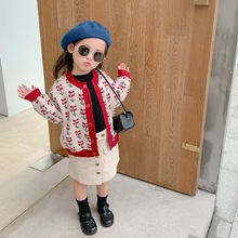 春秋女童装毛衣开衫宝宝洋气儿童个性潮牌韩版复古樱桃针织衫上衣