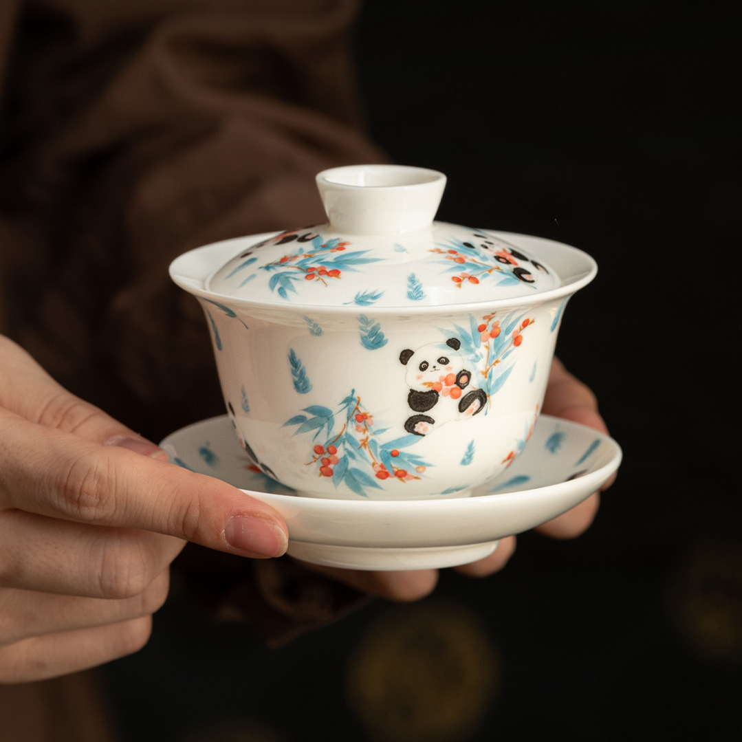 国潮熊猫陶瓷三才盖碗茶杯白瓷泡茶碗防烫功夫茶具家用泡茶器盖杯