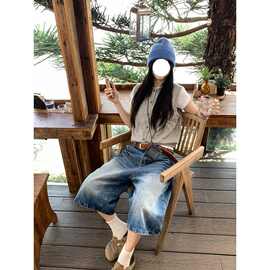 高街vibe复古牛仔五分裤女夏季新款时尚高腰宽松显瘦垂感阔腿中裤