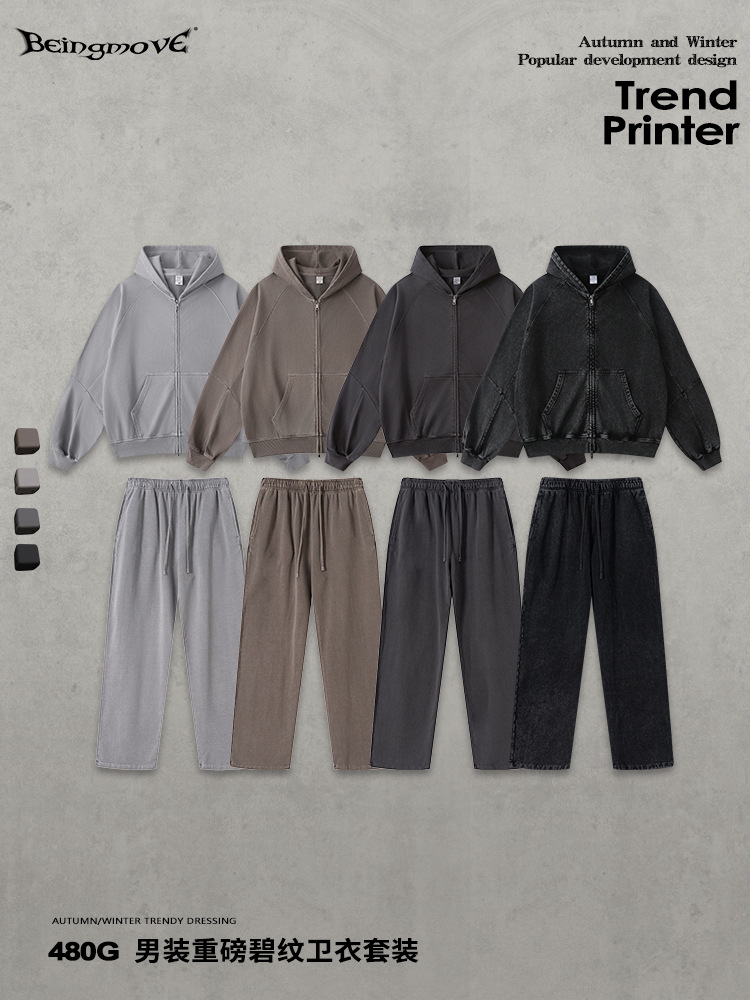 Calle secada| 2025 otoño y invierno retro hacer viejo chaqueta con cremallera pesada pantalones rectos trajes deportivos casuales para hombres