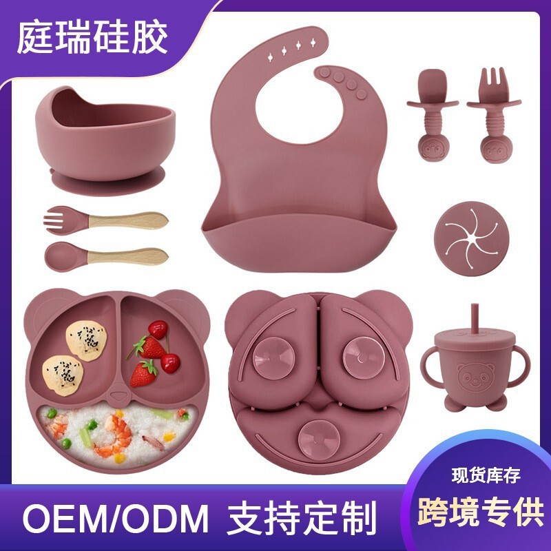 Children's Silicone Tableware Panda Ears Dinner Plate Set Bib Food Bowl Straw Cup Mother and Baby Feeding Source Manufacturer Children's Silicone Tableware Panda Ears Dinner Plate Set Bib Food Bowl Straw Cup Mother and Baby Feeding Source Manufacturer