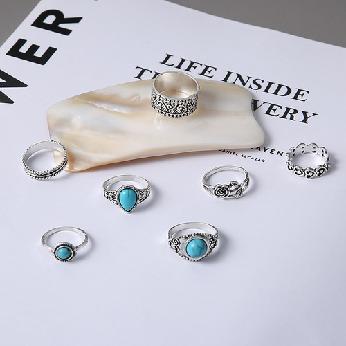 AliExpress best-selling jewelry cross-border fashion bohemian style turquoise rose totem 7-piece ring set for women
