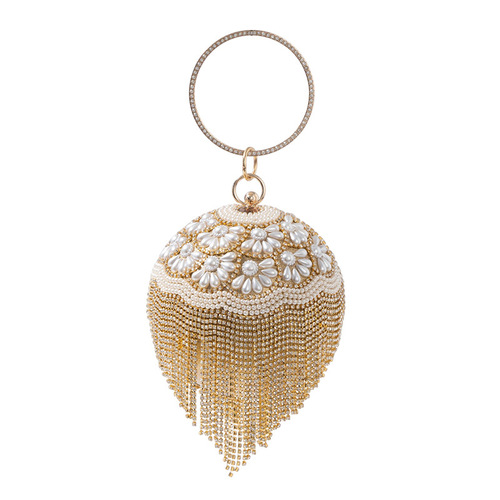 Cross-border new European and American pearl evening bag spherical tassel strap bracelet evening bag fashionable noblewoman evening dress handbag