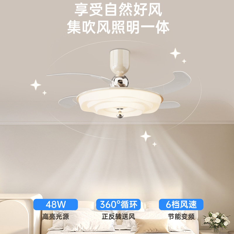 隐形风扇灯吸顶灯中古花朵卧室法式奶油风餐厅智能静音电扇一体灯|undefined