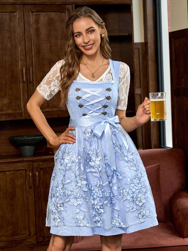アマゾンヨーロッパとアメリカの女性のブルーレトロドレススクエアカラーレースアップ女性のオクトーバーフェストメイドウェイターショートスカート|undefined