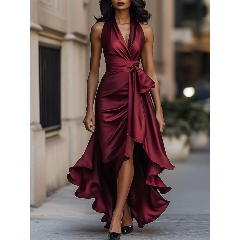 European and American Independent Station New Cross-Border Satin V Neck Sleeveless Waist Ruffled Elegant Dress