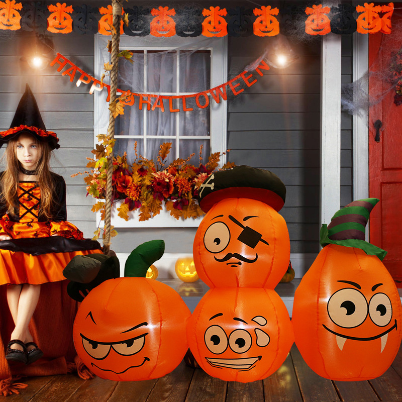 跨境万圣节充气四个南瓜组合气模1.5米发光庭院草坪布置道具摆件