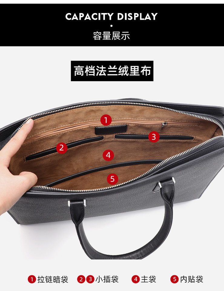 Túi xách tay nam da bò thật khóa mật mã, túi công sở đeo chéo một vai cho nam đi công tác — Lớp lót nỉ mặt bích cao cấp màu đen chi tiết 10