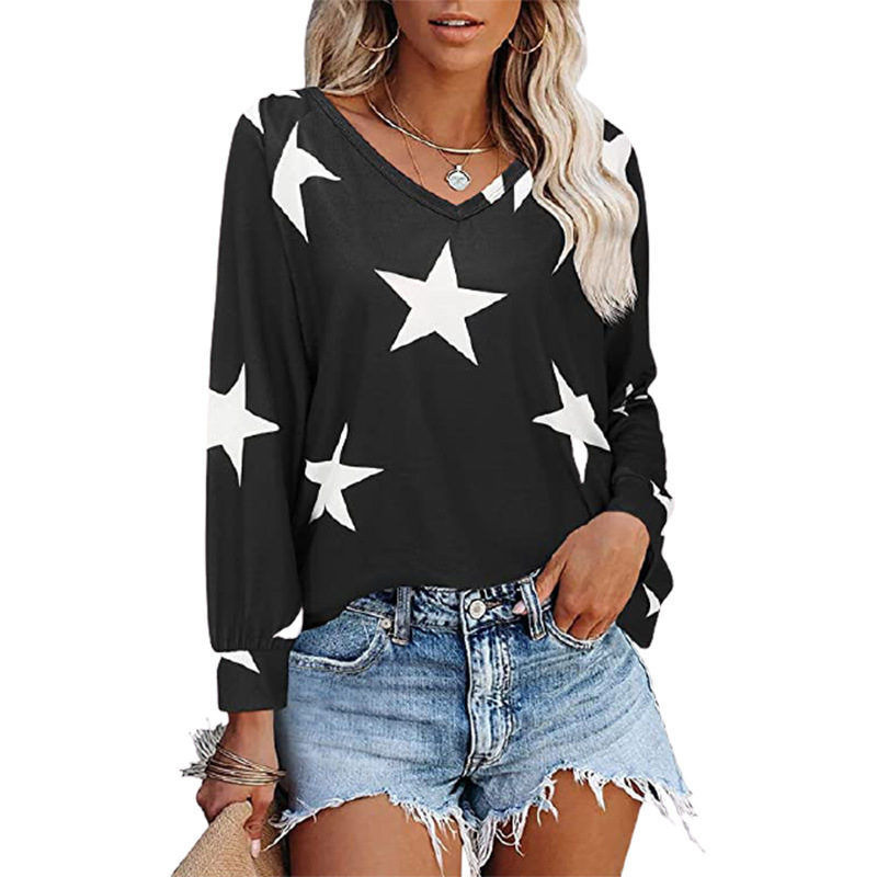 Camiseta de manga larga con cuello en V con estampado de estrellas para mujer, ropa de nihaostyles al por mayor NSLZ77513