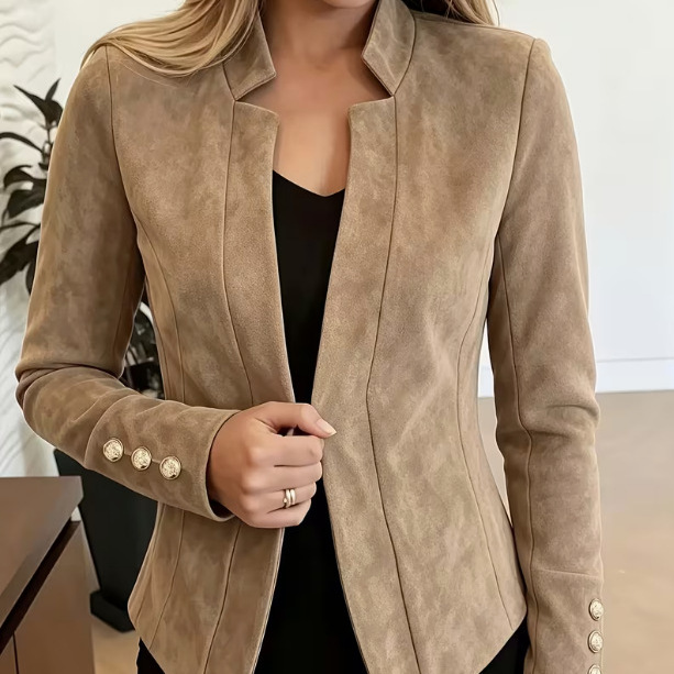 Women's suede short blazer jacket, stand-up collar, long-sleeved, slim-fit, suitable for commuting