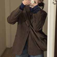 2025秋冬新款人字纹美拉德小个子感西装外套气质韩系呢子大衣