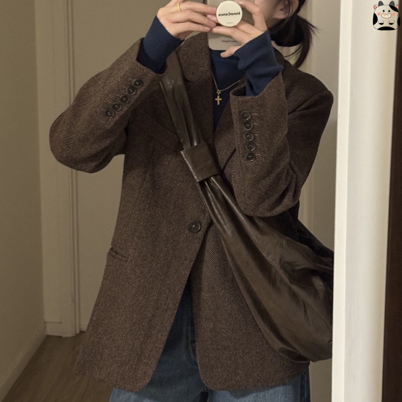2025秋冬新款人字纹美拉德小个子感西装外套气质韩系呢子大衣