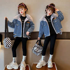 冬季新款女童牛仔加绒衬衫外套2024儿童休闲女孩加厚中大童外套潮