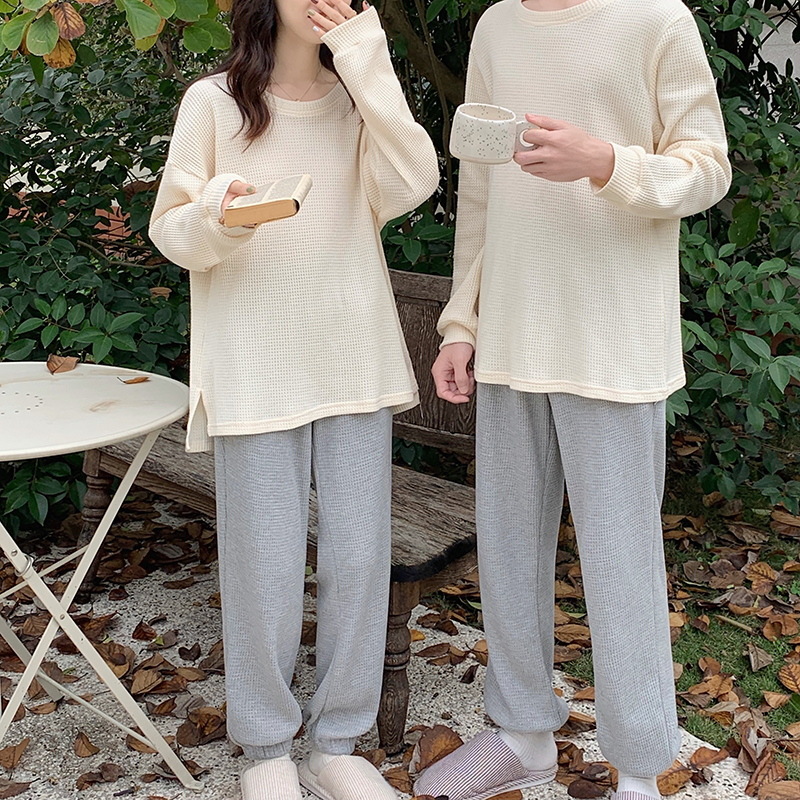 Pareja Pijamas Mujer primavera y otoño waffle manga larga coreano dulce casual hombres y mujeres más tamaño homewear traje