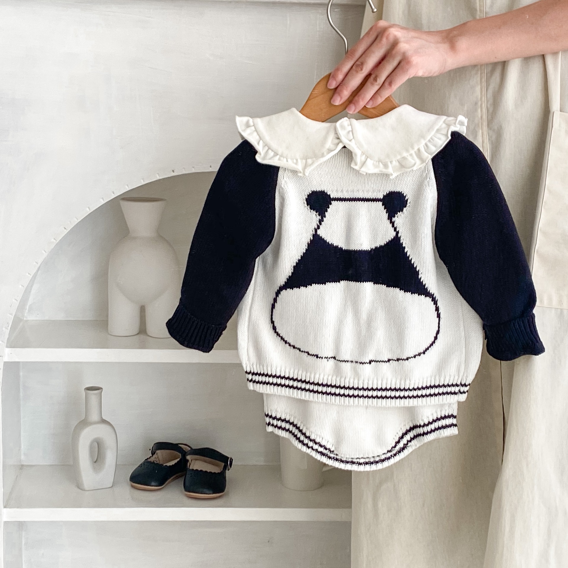 Baba kisgyermek őszi ruhák 2024 férfi és női baba pulóverek panda jacquard kötött hosszú ujjú felső szett_voghion.com