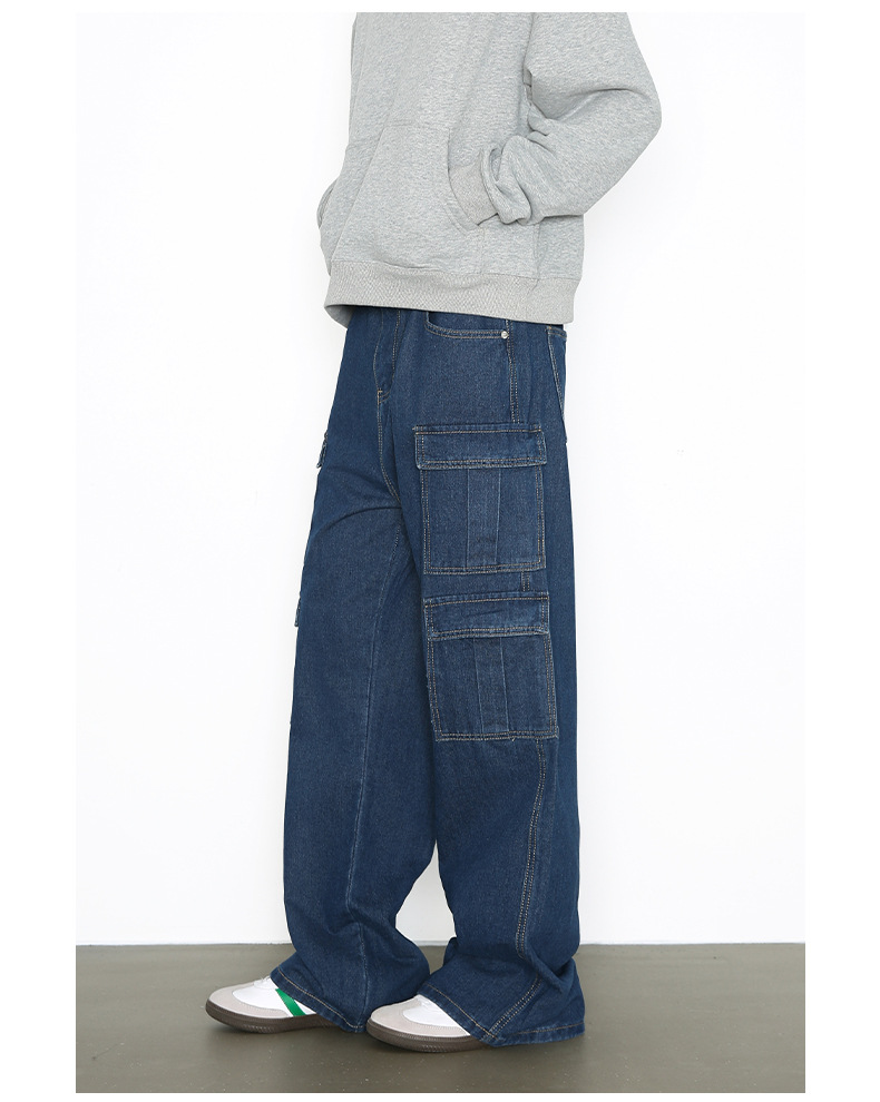 Vintage Washed Denim Cargo Pants - Relaxed Fit Multi-Pocket Workwear Jeans For Men_mkmklike.com