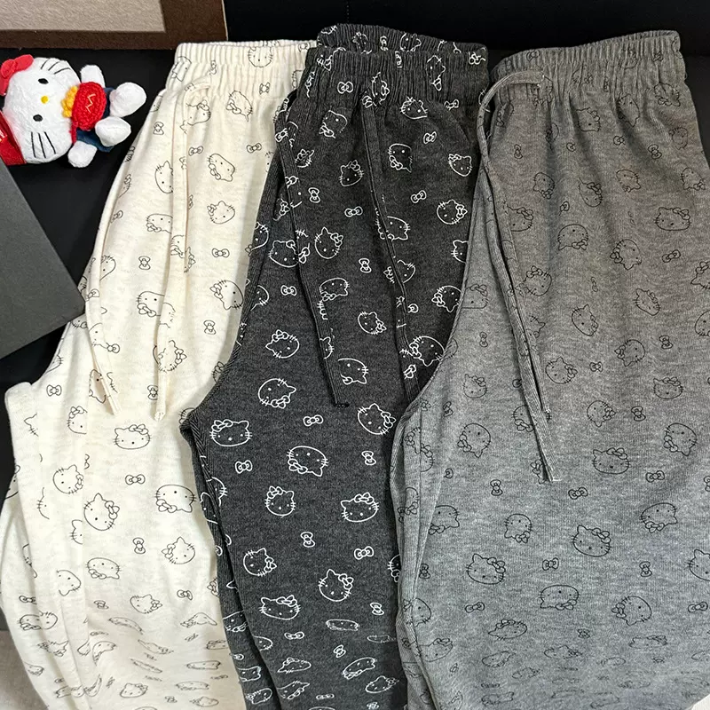 kitty猫咪糯米裤印花裤子少女慵懒松弛感阔腿裤松紧腰抽绳遛弯裤