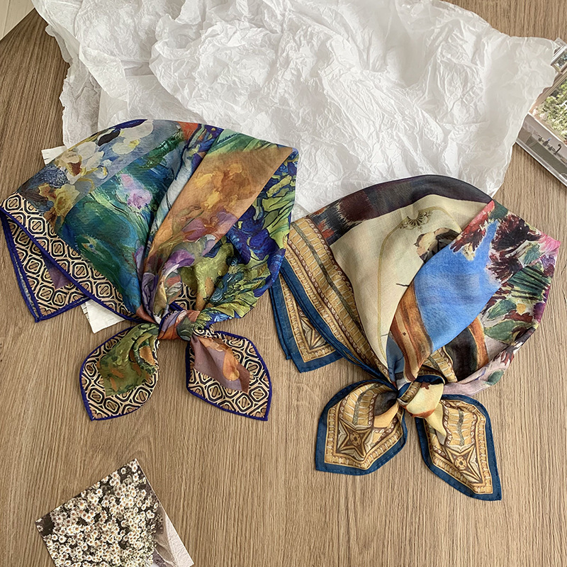 Bufanda de seda, bufanda cuadrada pequeña, pintura al óleo de Van Gogh, bufanda pequeña de seda de imitación de impresión exquisita, bufanda en la cabeza de moda, mantón exterior