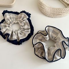 气质简约条纹藏青荷叶边大肠发圈女韩系高级感慵懒风头绳马尾发饰