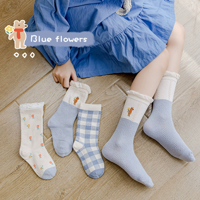 Autumn cartoon knee socks, with little bears, with embroidery, Korean style, mid-length, wholesale