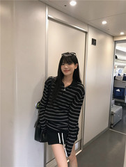 专属条纹撞色polo领长袖上衣女夏季新款韩系气质设计感百搭防晒衫