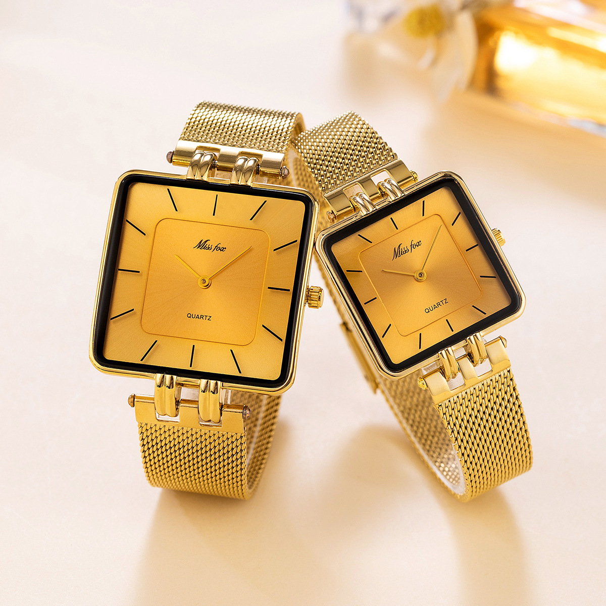 Missfox Middle East Popular Classic Simple Square Stainless Steel Mesh Quartz Women's and Men's Watches Couple Models