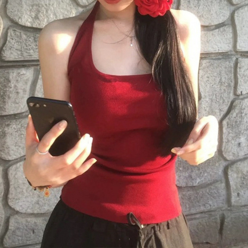 American Hot Girl Wears White and Red Outer Camisole Women's Summer Tight-Fitting Slimming Niche Halter Neck Vest Top