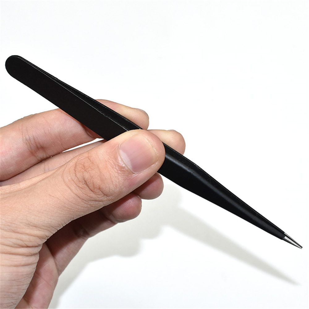 Pinzas de acero inoxidable al por mayor mano negro abrazadera punta pájaro nido recoger pelo manicura falsas pestañas pinzas anti-estática ESD image 7