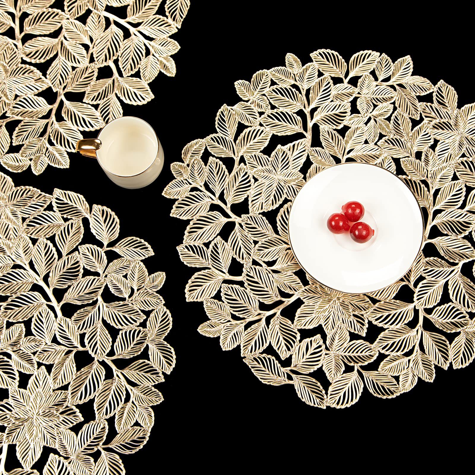 2023 Nuevo mantel de pvc hueco redondo hojas doradas oro plata impermeable antideslizante estera de aislamiento estera de mesa montaña