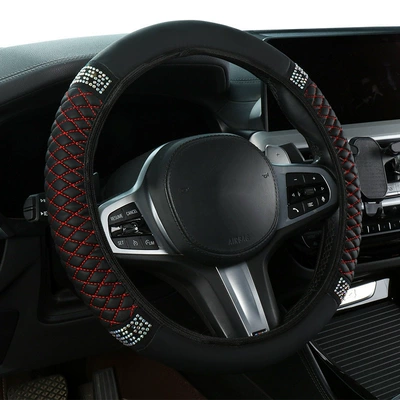 Steering wheel cover: fashion diamond four seasons general - black-red-colored-diamond-38cm
