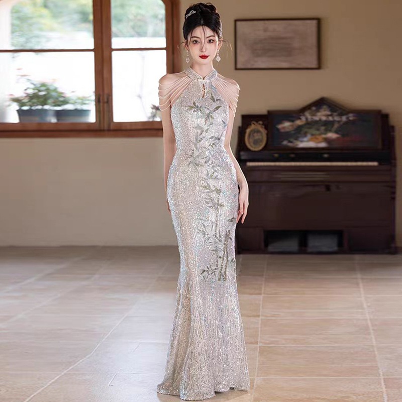 Sequined Evening Gown Women's Light Luxury Mermaid Dress Waist Cinching New Style Host Performance Costume_ecoleips.com