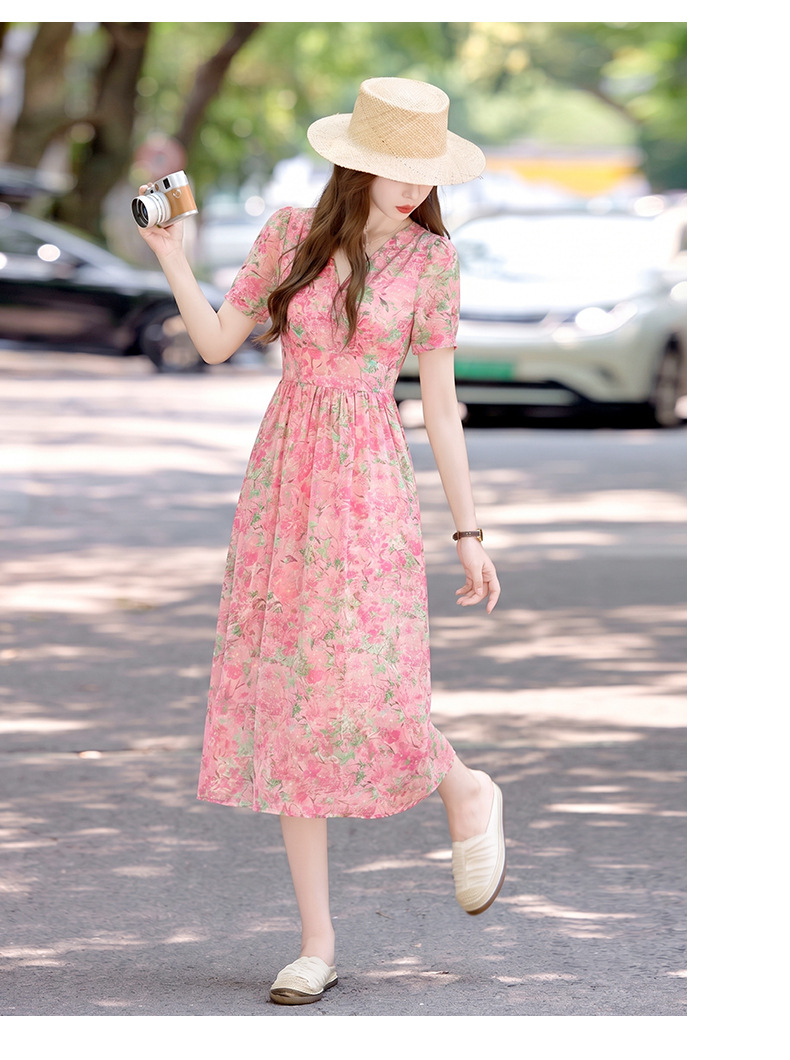 Đầm maxi nữ thắt eo họa tiết hoa nhí cổ V xếp ly tay ngắn — xanh lam, Màu hồng, màu vàng chi tiết 9