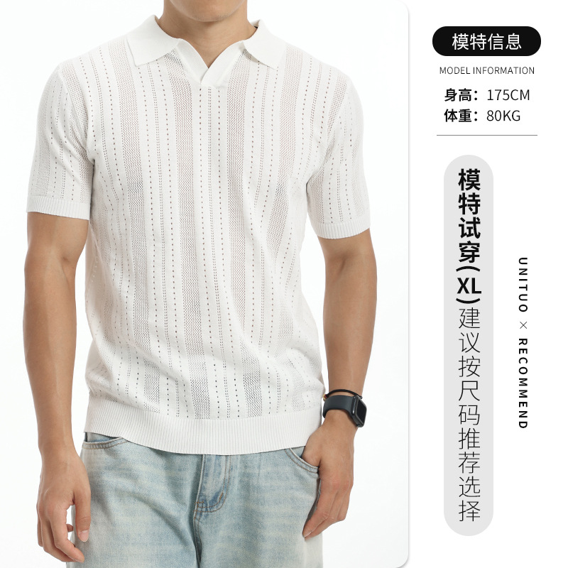 2026 verano nuevo hombre agujero rayas polo camisa de punto con solapa de manga corta europea y americana explosión de negocios casual hombre