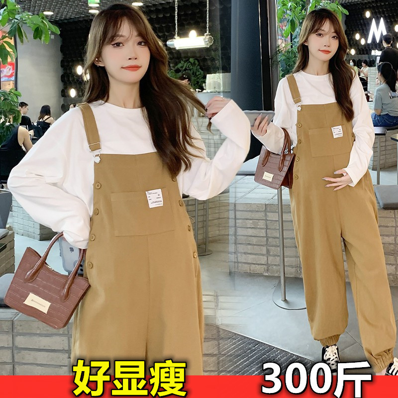 Plus-Size 300 Spring and Autumn Maternity Loose Overalls Pure Cotton Top Suspender Pants Set Workwear Long Pants 100kg