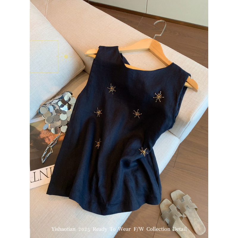 オールドマネースタイルビーズ刺繍リネンノースリーブトップ女性の夏の新しいデザインシンプルな気質多用途痩身ベスト|undefined