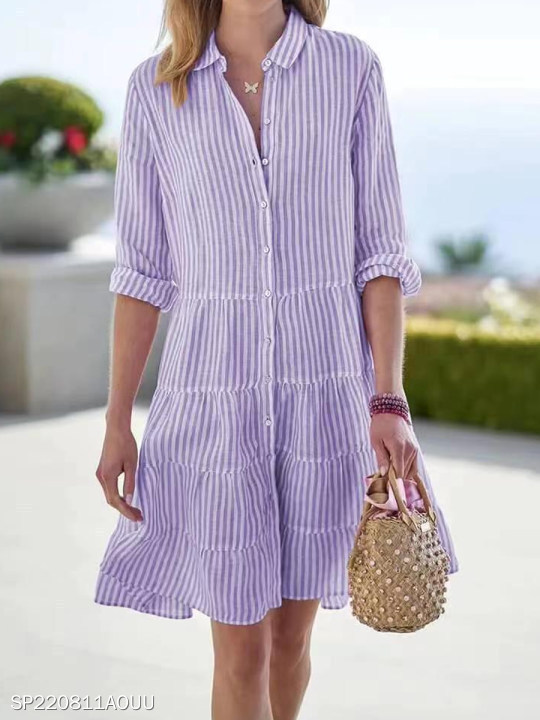 Women's Clothing Long Sleeved Striped Shirt Dress Autumn American Style Thin Summer Dress Suitable_ecoleips.com