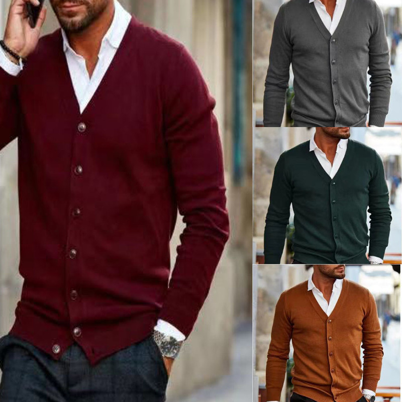 Spot 2021 cross-border wholesale autumn and winter new men's fashion solid color V-neck cardigan sweater men's sweater