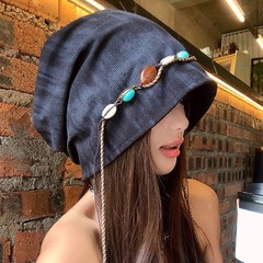 波西米亚风串珠流苏包头帽女宽松百搭复古大头围显脸小堆堆帽子潮