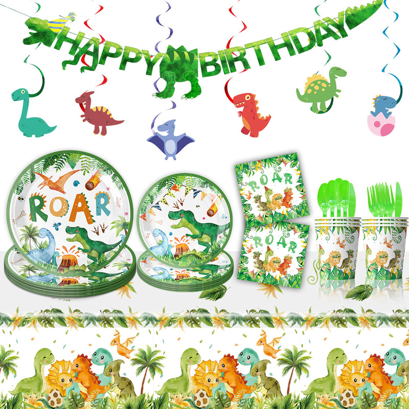 Amazon Forest Dinosaur Theme Party Tableware Birthday Party Disposable Tableware Paper Tray Paper Cup Tissue Decoration