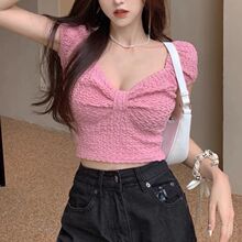 蝴蝶结法式复古粉色小衫纯欲风减龄t恤女设计感小众高腰辣妹上衣