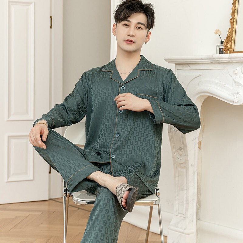Cross-Border Fashion New Products Men's Spring and Summer Thin Long-Sleeved Ice Silk Imitation Silk Home Wear Set Wholesale
