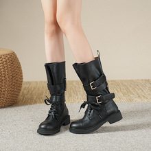 复古系带皮带扣马丁靴子不过膝大筒围黑色圆头粗跟中筒靴女机车靴