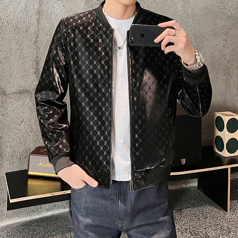 2023 new baseball collar leather jacket men's casual trend full print B word autumn and winter leather jacket a generation of hair