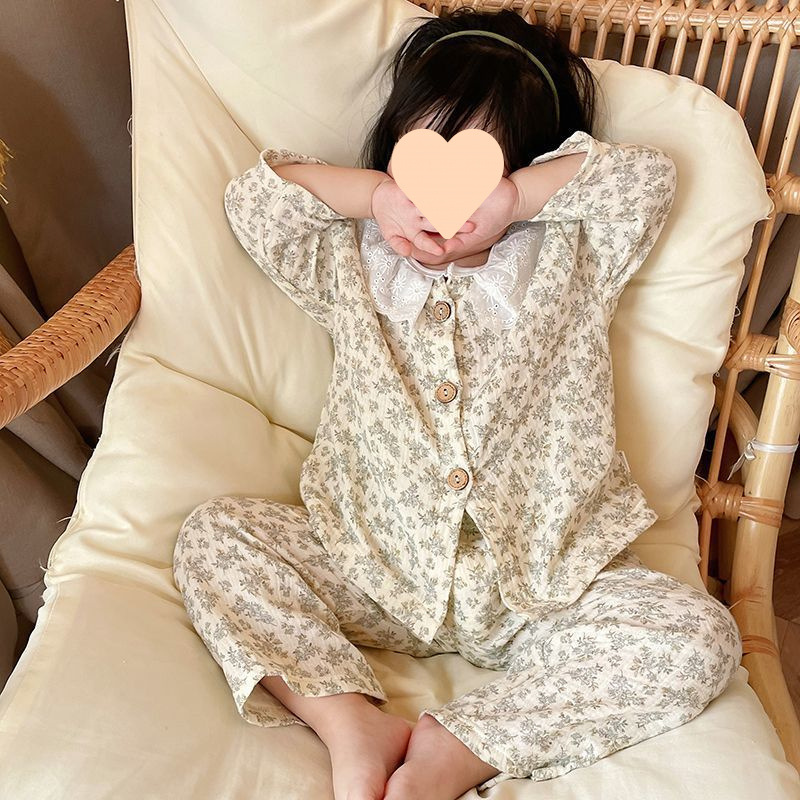 봄과 가을 신선한 소녀 잠옷 새로운 면 어린이 긴 소매 면 원사 중대형 어린이 소녀 에어컨 홈 의류 세트