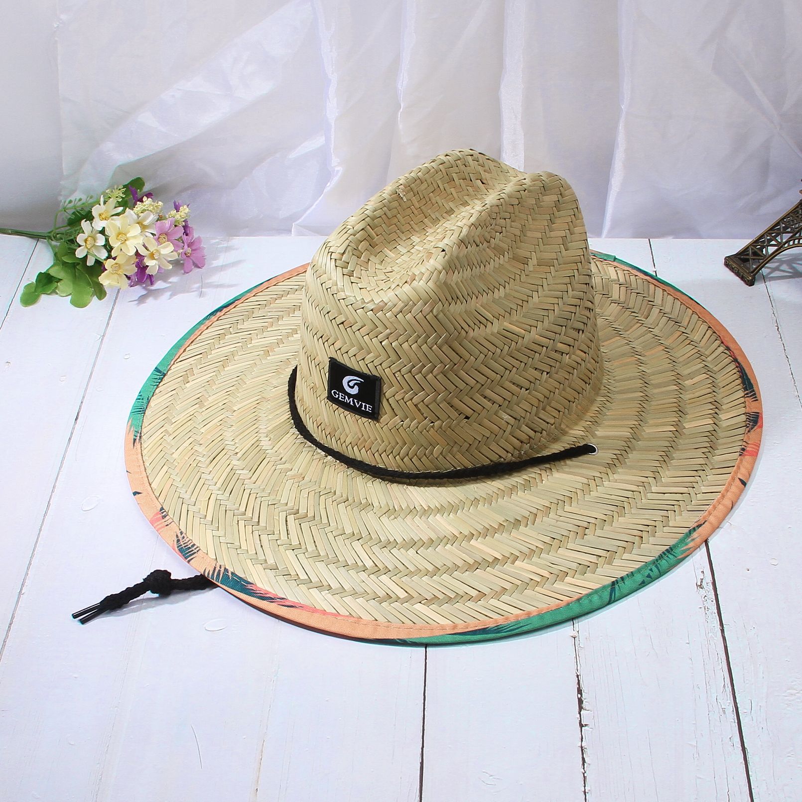 Klassischer Damen-Strohhut, Sommer-Strandhut mit breiter Krempe und Applikationsdruck, Sonnenschutz, ideal für Strand und Freizeit_voghion.com