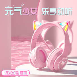 跨境新品头戴式卡通可爱粉猫耳朵头戴式无线蓝牙耳机发光少女粉B9