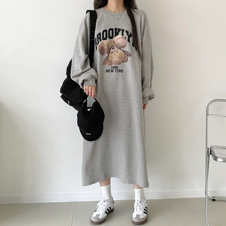 Japanese Spring Autumn Winter Long Sleeve Thin dress Women's fleece-lined Top Mid-length Trendy Brand Dress plus size Casual Long Dress