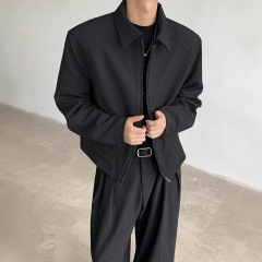 leanfit黑色短款夹克外套男春秋款高级感痞帅垫肩翻领正肩棒球服
